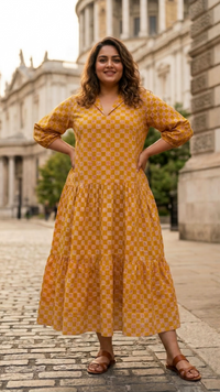 Plus Size Mustard Checks Printed Cotton Tiered Midi Dress for Women – Trending Casual Wear