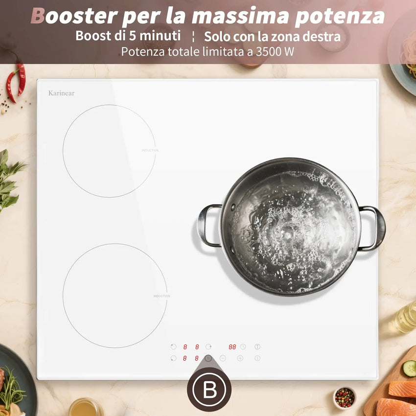 Karinear Induction Hob 3 Plates, White with Plug, Autonomous Hob Installation 59 cm, Boost, Safety Lock, Timer, 16 A, 220-240 V