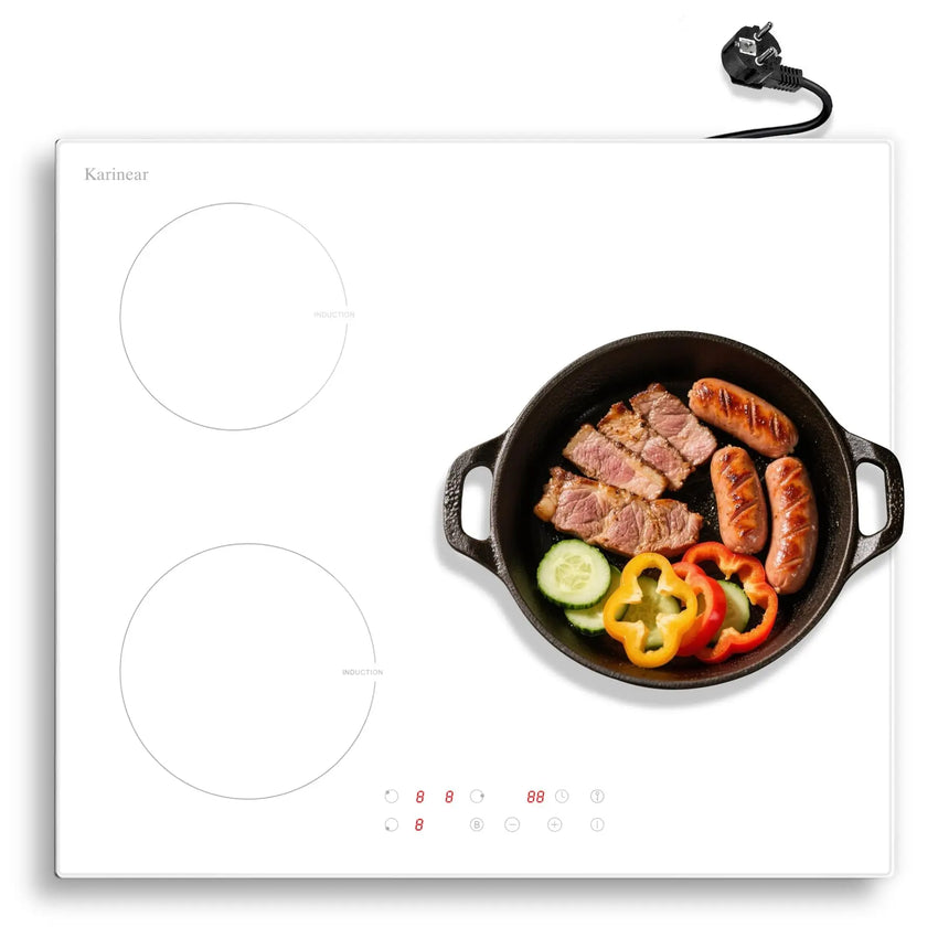 Karinear Induction Hob 3 Plates, White with Plug, Autonomous Hob Installation 59 cm, Boost, Safety Lock, Timer, 16 A, 220-240 V
