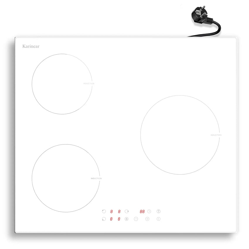 Karinear Induction Hob 3 Plates, White with Plug, Autonomous Hob Installation 59 cm, Boost, Safety Lock, Timer, 16 A, 220-240 V