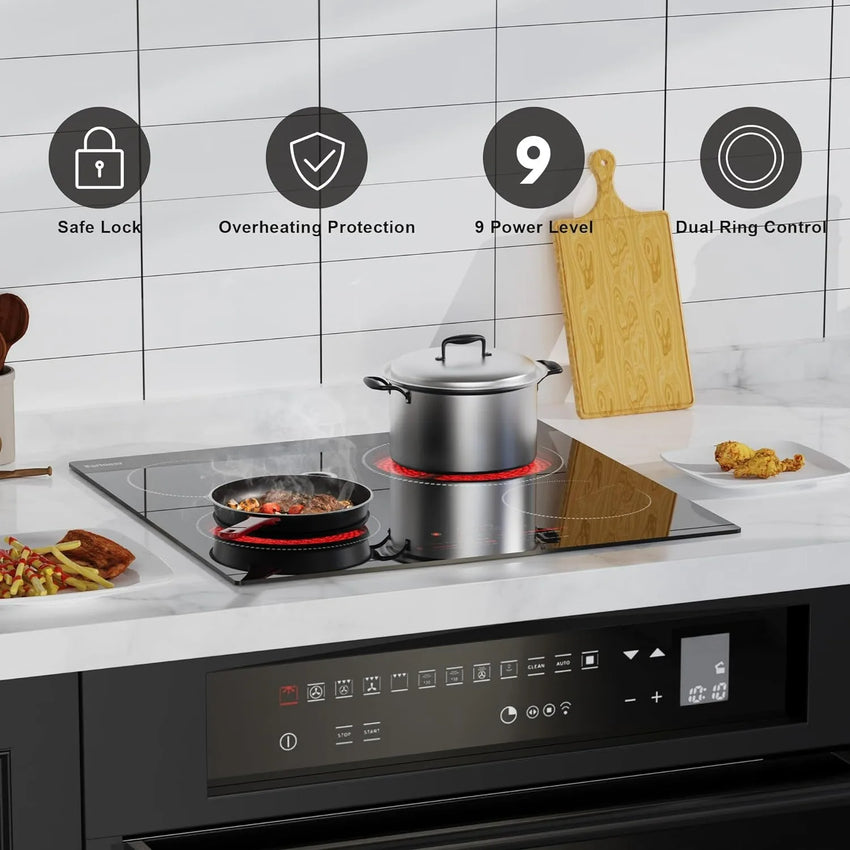 Karinear Ceramic Hob, 4 Zone Electric Hob 60cm Built-in Ceramic Cooker with Double Ring Zone Function, Touch, 6600W Hard Wired