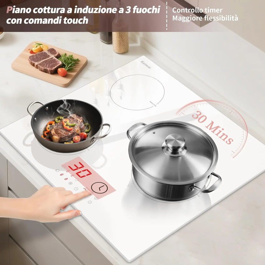 Karinear Induction Hob 3 Plates, White with Plug, Autonomous Hob Installation 59 cm, Boost, Safety Lock, Timer, 16 A, 220-240 V