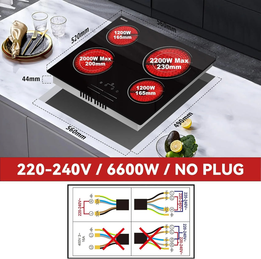 Karinear Ceramic Hob, 4 Zone Electric Hob 60cm Built-in Ceramic Cooker with Double Ring Zone Function, Touch, 6600W Hard Wired