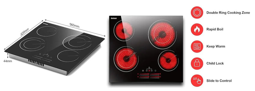 Karinear Ceramic Hob, 4 Zone Electric Hob 60cm Built-in Ceramic Cooker with Double Ring Zone Function, Touch, 6600W Hard Wired