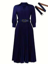 Trendy Women Spring Dresses Lady Elegant Long Sleeve V-Neck Pleated Dress Office A-Line Dresses with Belt