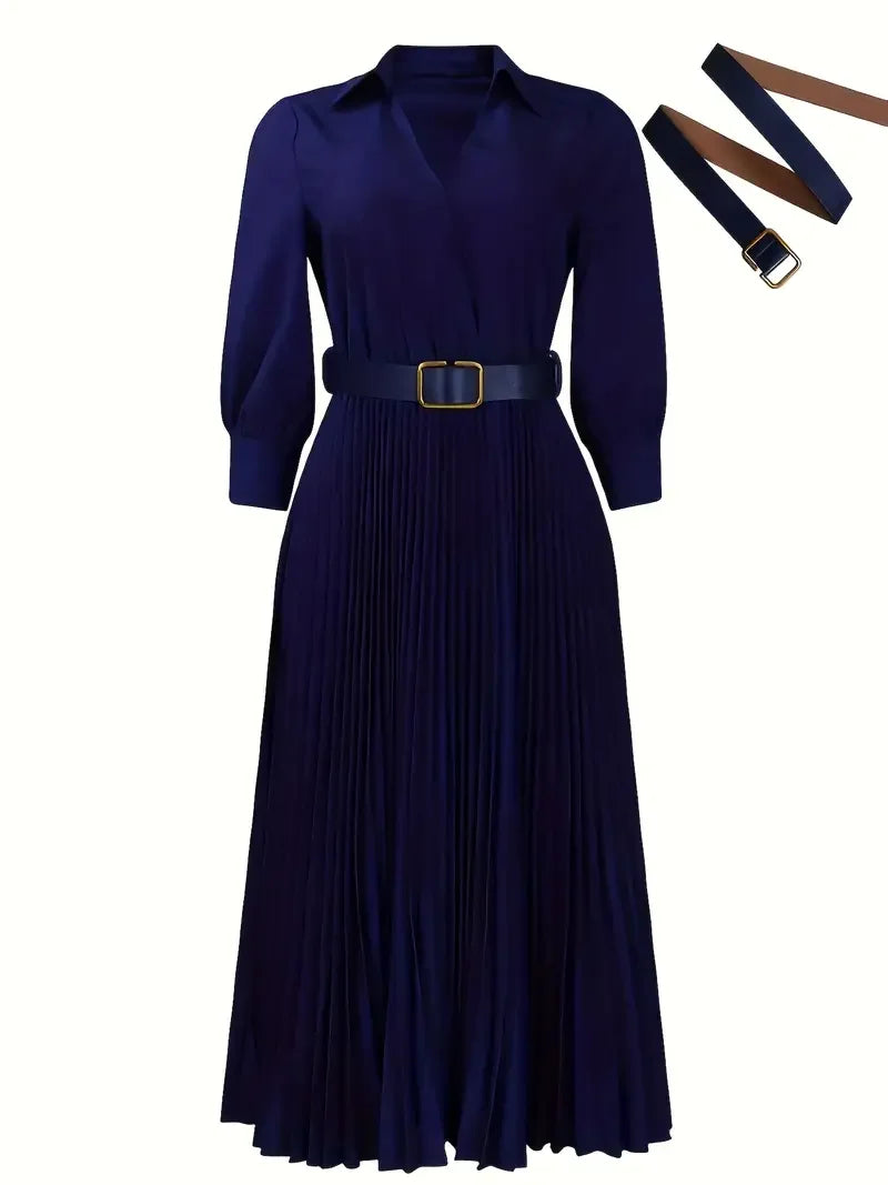 Trendy Women Spring Dresses Lady Elegant Long Sleeve V-Neck Pleated Dress Office A-Line Dresses with Belt
