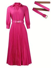 Trendy Women Spring Dresses Lady Elegant Long Sleeve V-Neck Pleated Dress Office A-Line Dresses with Belt