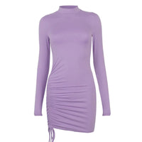 Long Sleeve Ruched Bodycon Dress Women Turtleneck Bandage Mini Dresses Autumn Black Skinny Stretchy Party Vestidos