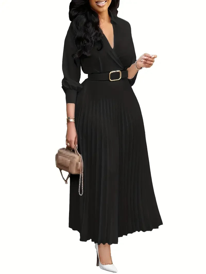Trendy Women Spring Dresses Lady Elegant Long Sleeve V-Neck Pleated Dress Office A-Line Dresses with Belt
