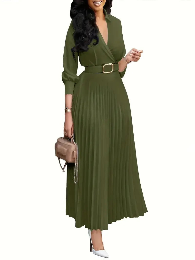 Trendy Women Spring Dresses Lady Elegant Long Sleeve V-Neck Pleated Dress Office A-Line Dresses with Belt