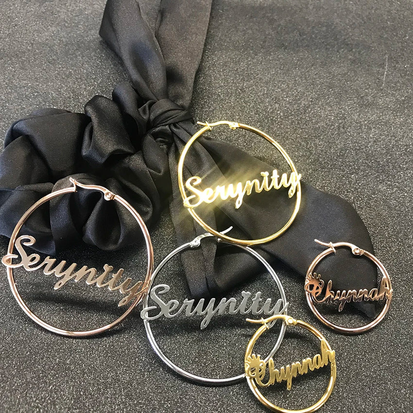 Sipuris Stainless Steel Personalized Customize Name Hoop Earrings Jewelry For Women Girls Circle Earring Fashion 30-60 MM