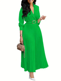 Trendy Women Spring Dresses Lady Elegant Long Sleeve V-Neck Pleated Dress Office A-Line Dresses with Belt