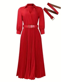 Trendy Women Spring Dresses Lady Elegant Long Sleeve V-Neck Pleated Dress Office A-Line Dresses with Belt