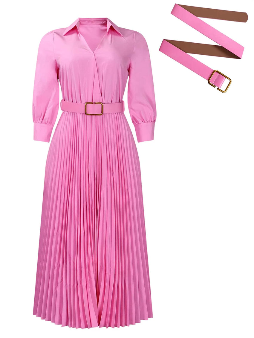 Trendy Women Spring Dresses Lady Elegant Long Sleeve V-Neck Pleated Dress Office A-Line Dresses with Belt