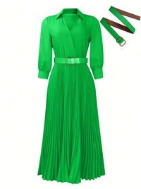 Trendy Women Spring Dresses Lady Elegant Long Sleeve V-Neck Pleated Dress Office A-Line Dresses with Belt
