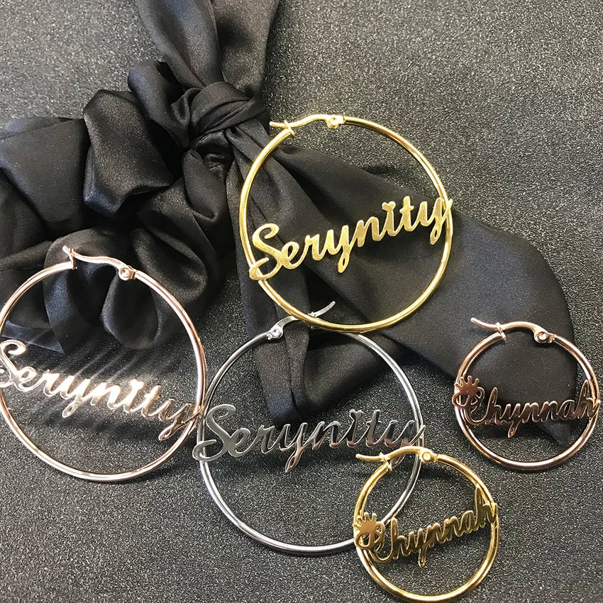 Sipuris Stainless Steel Personalized Customize Name Hoop Earrings Jewelry For Women Girls Circle Earring Fashion 30-60 MM