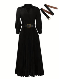 Trendy Women Spring Dresses Lady Elegant Long Sleeve V-Neck Pleated Dress Office A-Line Dresses with Belt