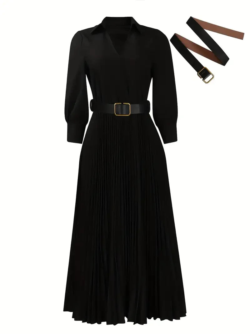 Trendy Women Spring Dresses Lady Elegant Long Sleeve V-Neck Pleated Dress Office A-Line Dresses with Belt