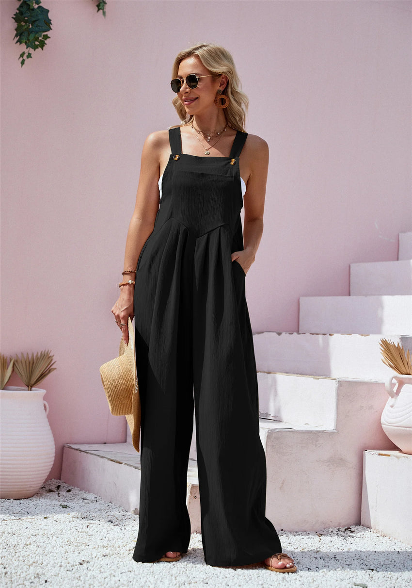 2026 Spring Trendy Women's Casual Summer Jumpsuit Outfits Loose Elegant Sleeveless Wide Leg Rompers with Pockets