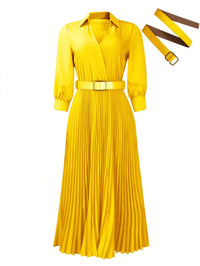 Trendy Women Spring Dresses Lady Elegant Long Sleeve V-Neck Pleated Dress Office A-Line Dresses with Belt