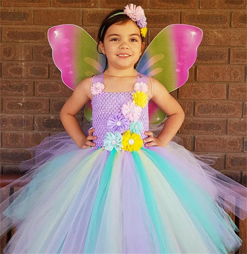 Girls Pastel Unicorn Flower Tutu Dress Kids Crochet Tulle Strap Dress Ball Gown with Daisy Ribbons Children Party Costume Dress