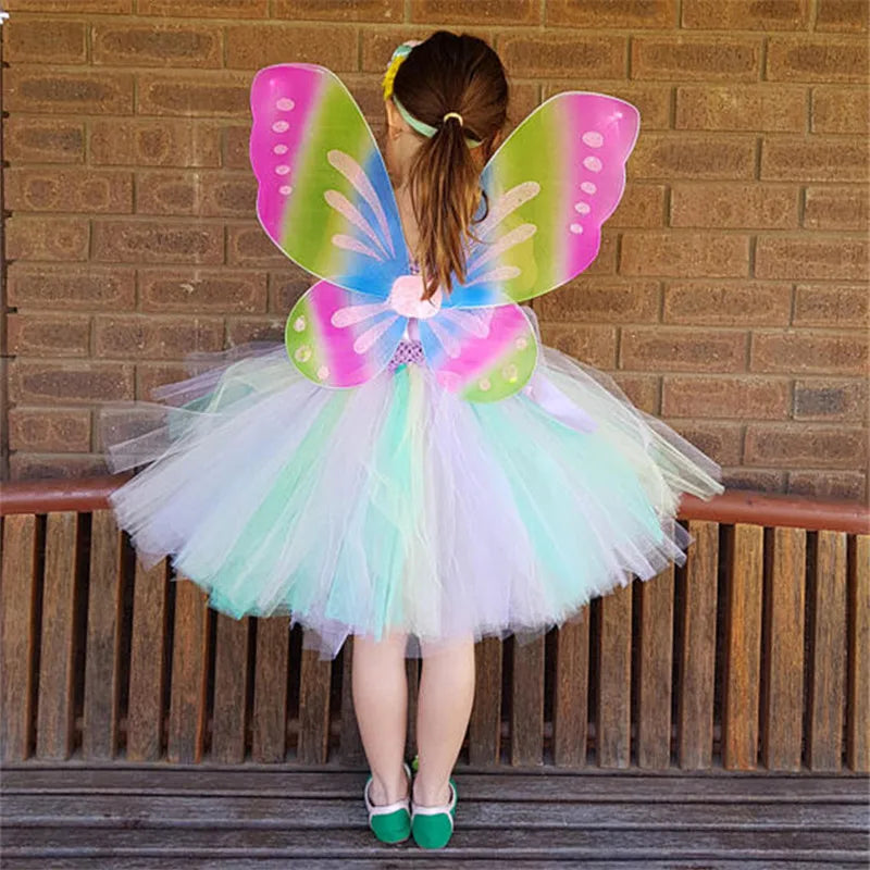 Girls Pastel Unicorn Flower Tutu Dress Kids Crochet Tulle Strap Dress Ball Gown with Daisy Ribbons Children Party Costume Dress