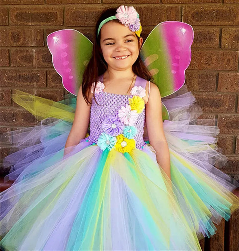 Girls Pastel Unicorn Flower Tutu Dress Kids Crochet Tulle Strap Dress Ball Gown with Daisy Ribbons Children Party Costume Dress