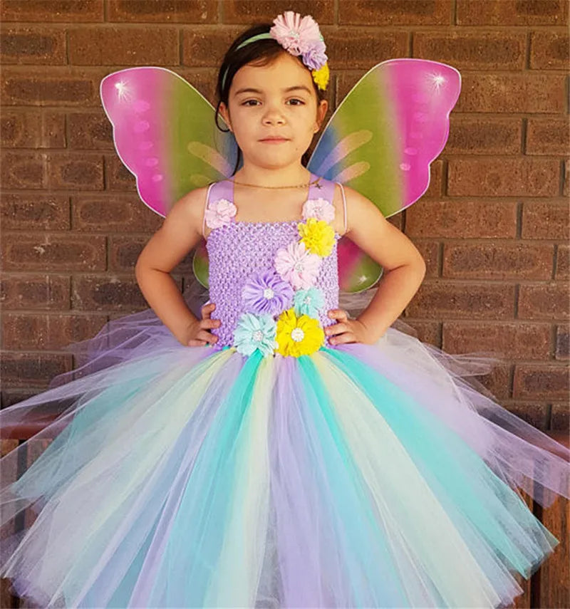 Girls Pastel Unicorn Flower Tutu Dress Kids Crochet Tulle Strap Dress Ball Gown with Daisy Ribbons Children Party Costume Dress