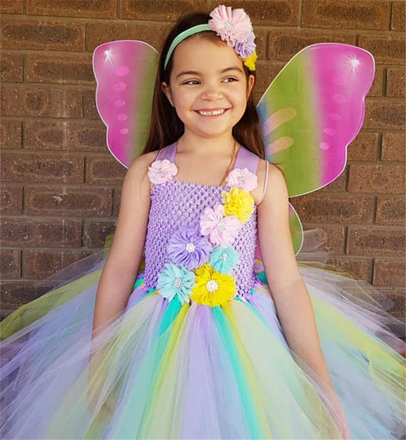 Girls Pastel Unicorn Flower Tutu Dress Kids Crochet Tulle Strap Dress Ball Gown with Daisy Ribbons Children Party Costume Dress