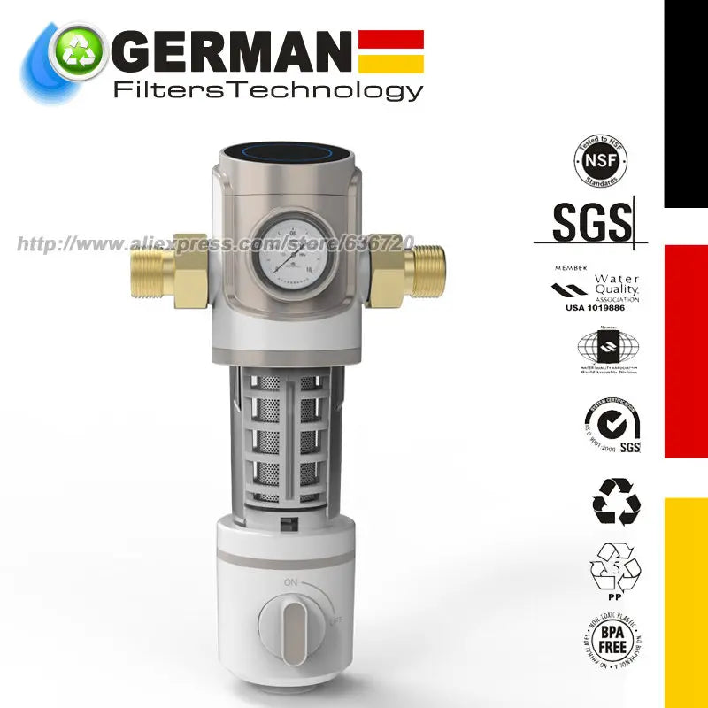 Reusable Spin Down Sediment Water Filter double-deck 40 Micron with Built-in Housing Scraper, Rotatable Head, Pressure Gauge