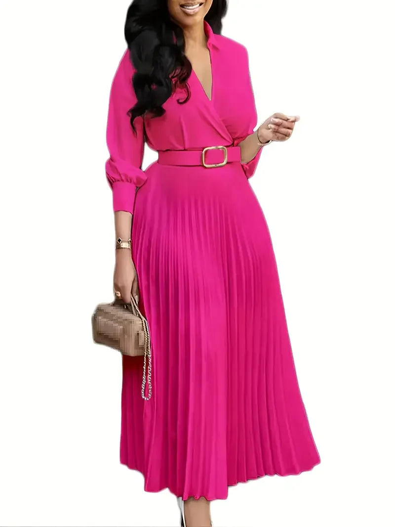 Trendy Women Spring Dresses Lady Elegant Long Sleeve V-Neck Pleated Dress Office A-Line Dresses with Belt