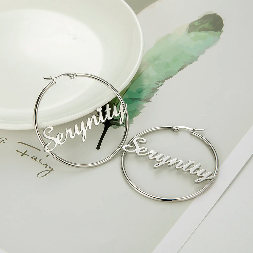 Sipuris Stainless Steel Personalized Customize Name Hoop Earrings Jewelry For Women Girls Circle Earring Fashion 30-60 MM
