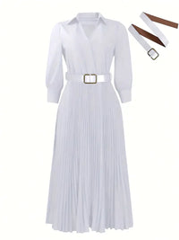 Trendy Women Spring Dresses Lady Elegant Long Sleeve V-Neck Pleated Dress Office A-Line Dresses with Belt