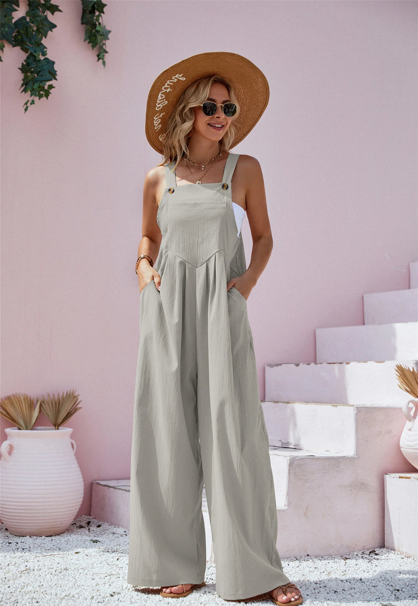 2026 Spring Trendy Women's Casual Summer Jumpsuit Outfits Loose Elegant Sleeveless Wide Leg Rompers with Pockets