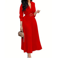 Trendy Women Spring Dresses Lady Elegant Long Sleeve V-Neck Pleated Dress Office A-Line Dresses with Belt