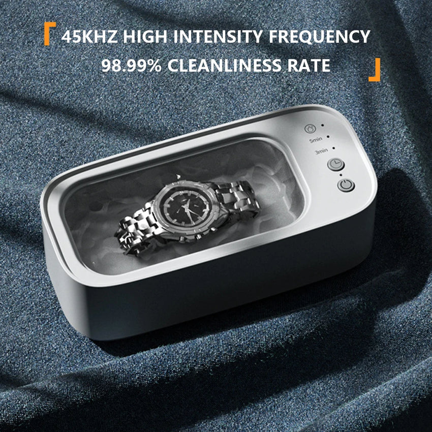 Portable Ultrasonic Cleaning Machine 45KHZ High Frequency Vibration Cleaner 360° Timing Washing for Jewelry/Eyeglass/Makeup Tool