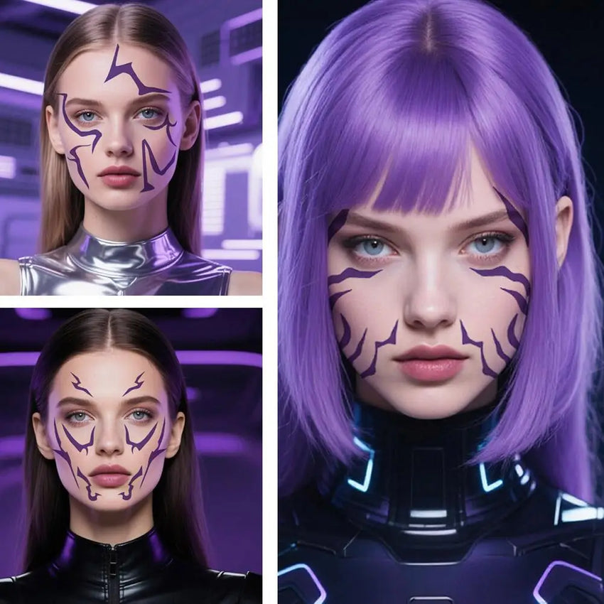 Kpop Temporary Tattoos, Purple Lightning Bold Makeup for Cosplay Role Play, Waterproof Face Art Stickers 1pcs Random