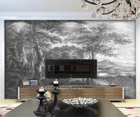 Custom Size wall papers 3D Nordic art black and white landscape waterfall porch mural Retro Hand Painted Forest Tree home decor