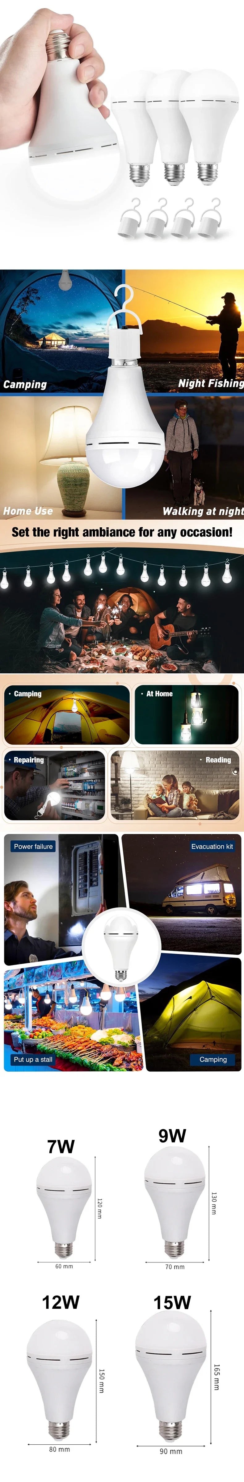 LED Rechargeable Light Bulb 7w 9w 12w 15w 85-265V Emergency Bulb Portable Hanging Camping Lamp for Tent Home Power Failure Porch