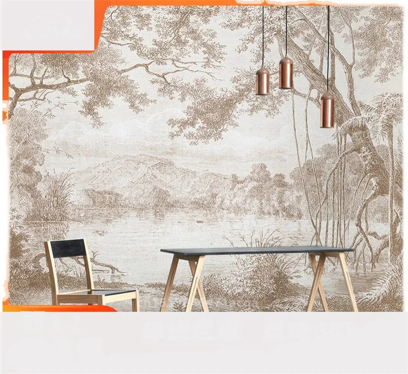 Custom Size wall papers 3D Nordic art black and white landscape waterfall porch mural Retro Hand Painted Forest Tree home decor