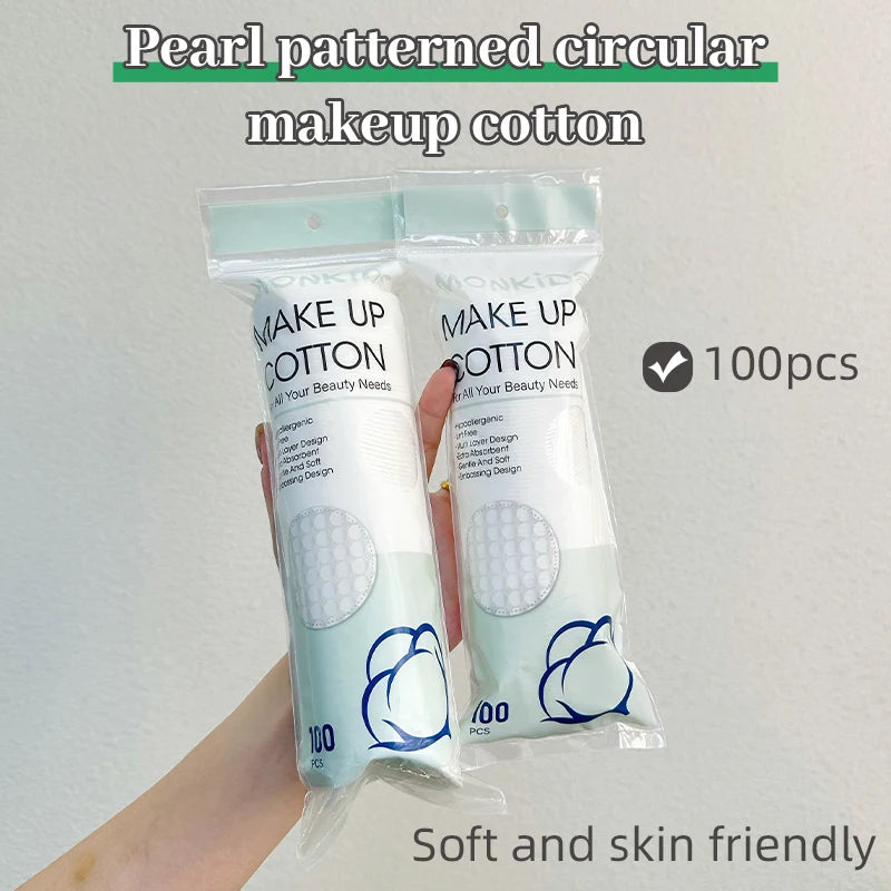 100pcs/200pcs soft and breathable round cotton pad with double-sided texture is used for daily facial cleaning and makeup remova