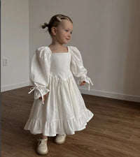 Kids Puff Sleeve White Dress Girls Cotton Linen Lolita Princess Dresses for Birthday Evening Party Clothes 2 4 6 8 Years Old