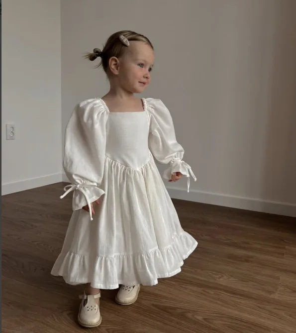Kids Puff Sleeve White Dress Girls Cotton Linen Lolita Princess Dresses for Birthday Evening Party Clothes 2 4 6 8 Years Old