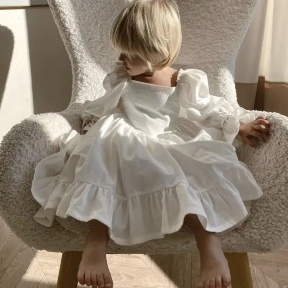 Kids Puff Sleeve White Dress Girls Cotton Linen Lolita Princess Dresses for Birthday Evening Party Clothes 2 4 6 8 Years Old