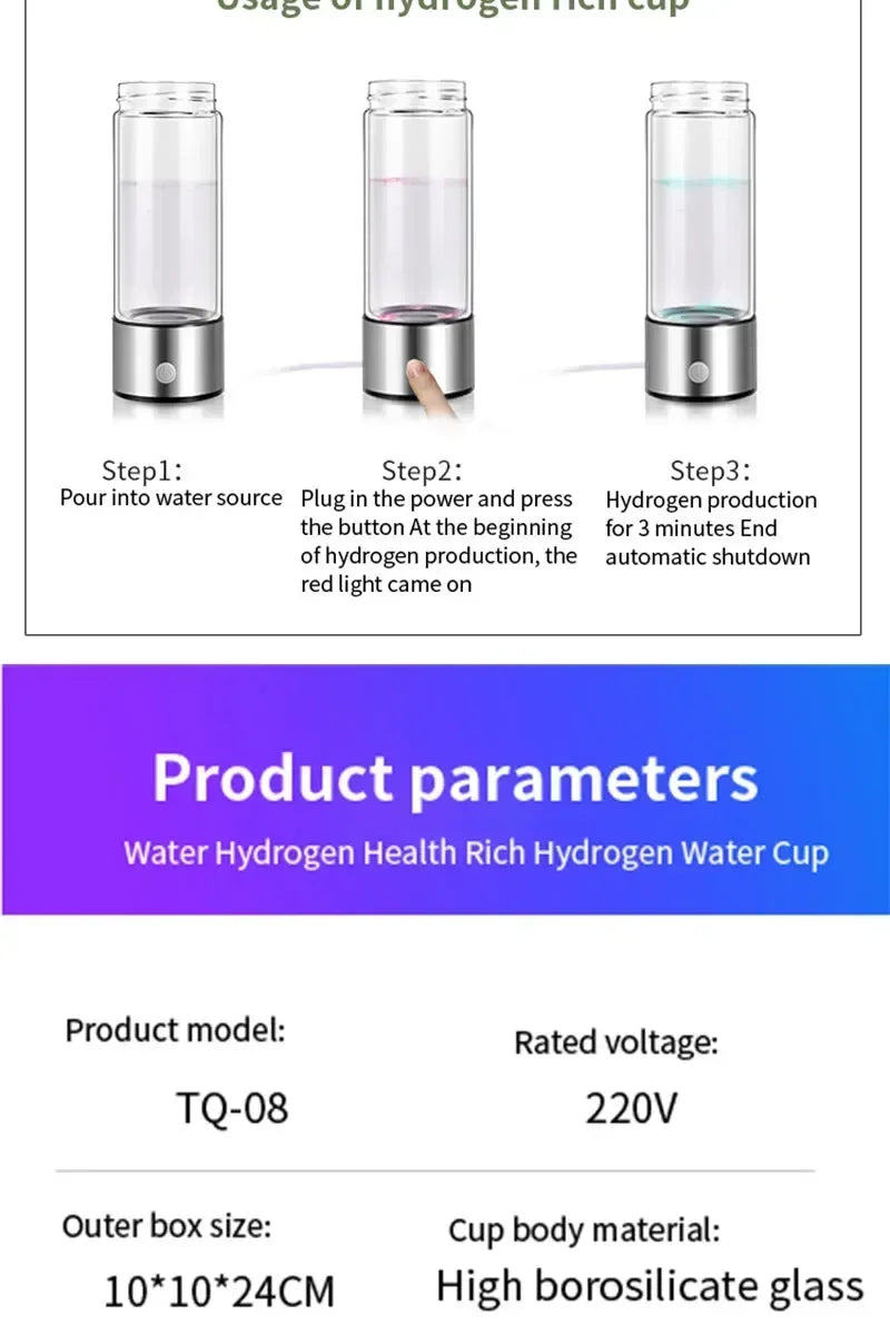 Rich Hydrogen Water Cup Portable Hydrogen Water H2 Generator Alkaline Maker Ionizer Bottle Super Antioxidan Titanium Filter
