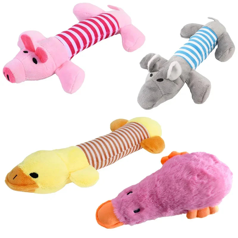 Striped Plush Dog Toys Squeaky Assorted Animals Duck Pig Hippo Shapes Durable Bite Resistant Safe Washable Fun Pet Supplies