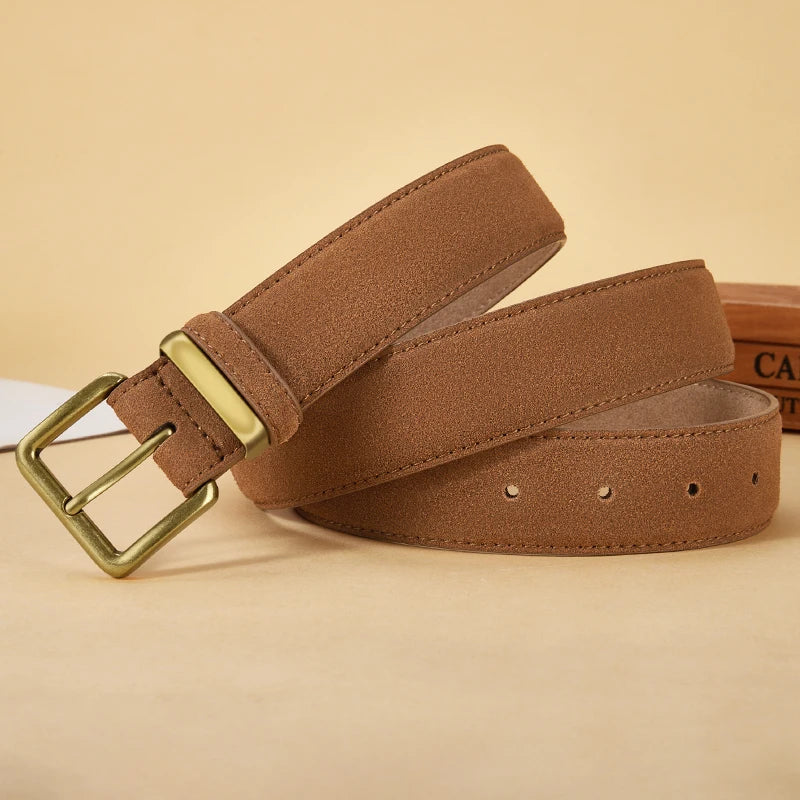 Luxury Suede Cowhide Leather Belt for Women, Vintage Style with Gold Buckle, 3.5cm Wide Waistband for Dresses & Jeans 2042