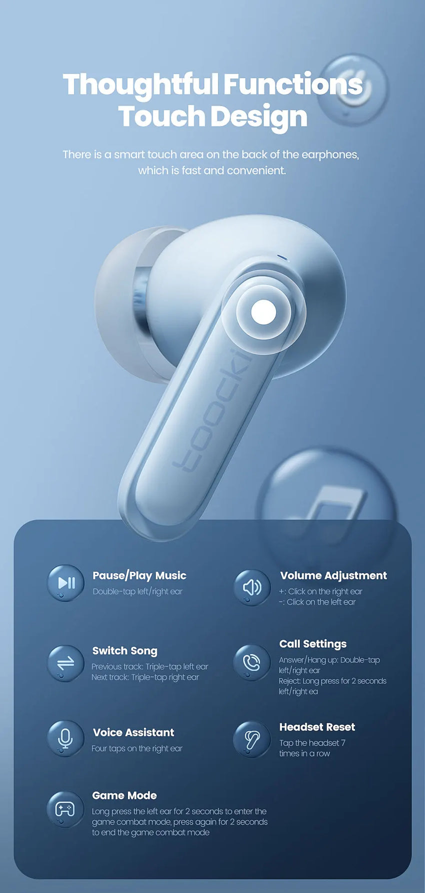 Toocki Bluetooth Earphones BT 5.3 Flip In-Ear Headphones True Wireless Hi-Fi Headsets 400mAh Long Standby Phone Sports Earbuds