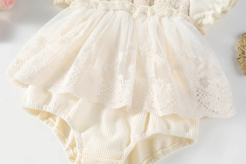 Spring Summer Solid Princess Baby Girl Tutu Skirt Style Bodysuit Toddler Infant Waffle One Piece Lace Party Outfit Play Suit
