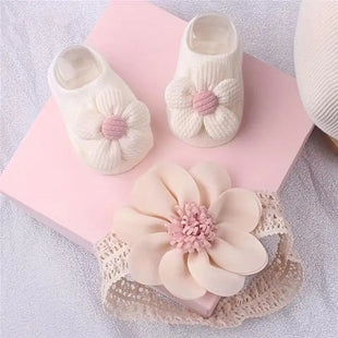 Baby flower hair with sock set, children's boat socks, floor socks, headband, European and American baby hair tie accessories